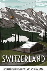 Winter in switzerland poster illustration. Village in switzerland in winter season. Switzerland travel poster design