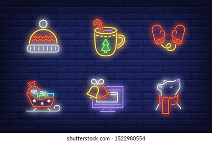 Winter symbol in neon style set. Glowing neon hat, sledge. Holiday, celebration, present. Vector illustration in neon style for greeting card, invitation, announcement
