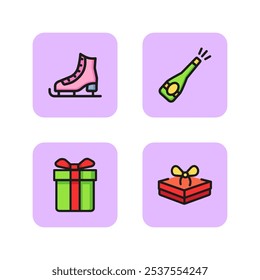 Winter symbols line icon set. Figure skating, champagne bottle, giftbox, Christmas present. Holiday concept. Vector illustration can be used for party, celebration, season