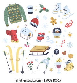 Winter symbols and objects. Cute and cozy vector illustrations on white background. Sweater, socks, food, skates and skis