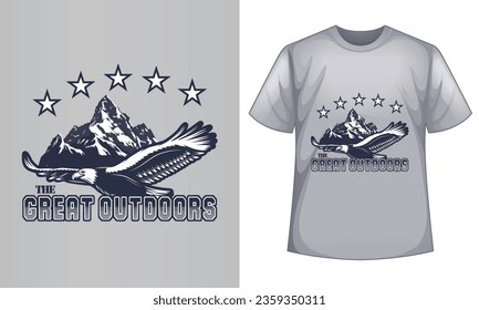 Winter T Shirt Design Vector, The Great Outdoors Shirt, Typography Mountain, Flying Eagle, Star Design