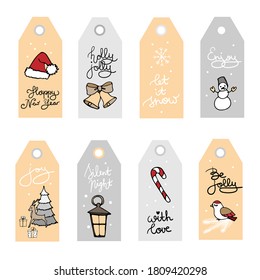 winter tags with doodles on the white background