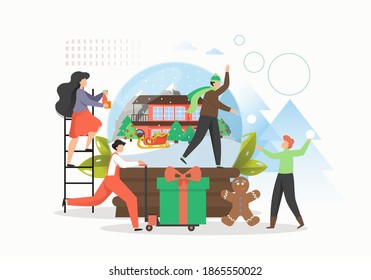 Winter tale. People preparing for Christmas holidays celebration, expecting magic things, flat vector illustration. They cleaning home, preparing gifts, cooking gingerbread cookies, playing snowballs.
