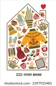 Winter tea party. Home sweet home. Scandinavian hygge poster with warm, cozy winter elements. Gifts and plants, knitted sweater, hat, scarf, socks. 