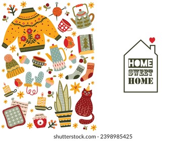 Winter tea party. Home sweet home. Scandinavian hygge poster with warm, cozy winter elements. Gifts and plants, knitted sweater, hat, scarf, socks. 