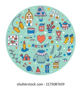 Winter tea party. Scandinavian hygge greeting card with warm, cozy winter elements. Gifts and plants, knitted sweater, hat, scarf, socks. 