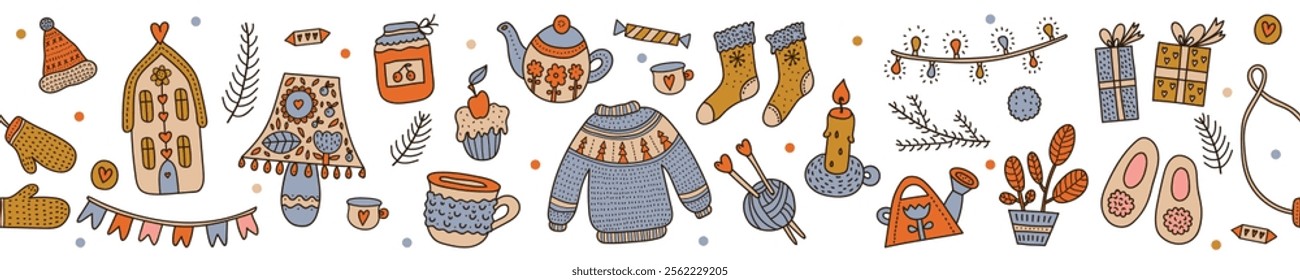 Winter tea party. Scandinavian hygge seamless border with warm, cozy winter elements. Background for posters, prints, textiles, wrappers, wallpapers, surface design. 