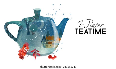 Winter Tea Time. Watercolor vector painting