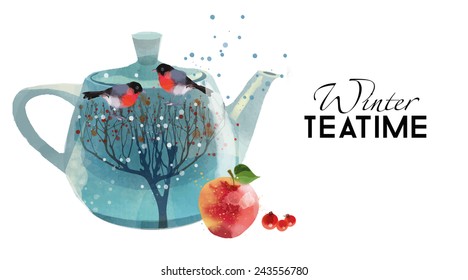 Winter Tea Time. Watercolor vector painting