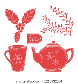Winter teapot and cup with tea on a white background. Hand drawing, sketch