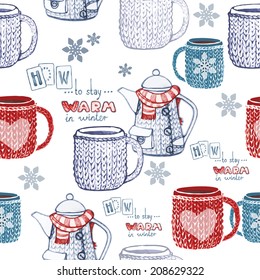 Winter teatime seamless hand drawn pattern. Vector illustration.