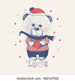 winter teddy bear/hand drawn vector illustration/ can be used for kid's or baby's shirt design/ fashion print design/ fashion graphic/ t-shirt/ kids wear

