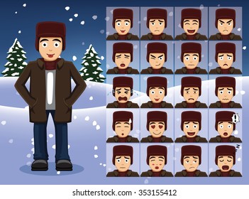 Winter Teen Boy Cartoon Emotion faces Vector Illustration