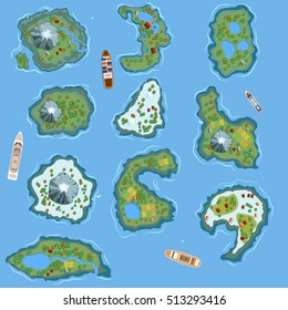 Winter and temperate climate islands set with ships, top view, vector illustration. Can be used for web design, app