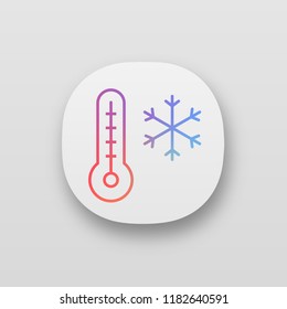 Winter temperature app icon. UI/UX user interface. Frosty and cold weather. Thermometer with snowflake. Web or mobile application. Vector isolated illustration