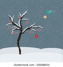 Winter template for Christmas card with bird and tree, snowing twilight background