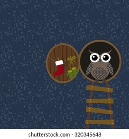 Winter template for Christmas card with cute owl, ladder and twilight snowing background