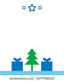 Winter template with Christmas tree, gifts, stars and copy space on a white background. Vector illustration for invitations, greeting cards, tags.