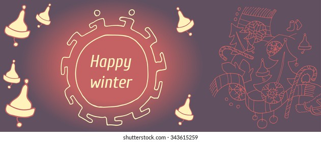 Winter template with Christmas trees, snowman, scarf, sweets, snowflakes, jingle bells on purple background. Vector illustration for greetings card design, invitation, banner etc.