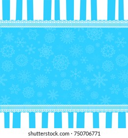Winter template  with copy space on blue and white striped snowy background  framed with lace. Vector illustration, template.