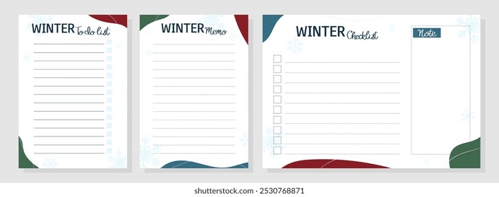 Winter template of To Do List, Checklist, Memo. Set of vertical and horizontal paper sheets. Vector illustration for agenda, planners, checklists, notebooks, cards and other. Layout A5