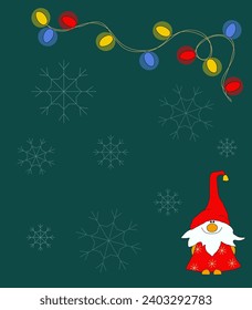 Winter template with a dwarf in a red coat and Christmas lights on a green background with snowflakes. Cartoon vector illustration. Copy space.
