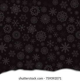 Winter template with falling silver snowflakes and snowdrift on black background. Vector illustration, banner, template.