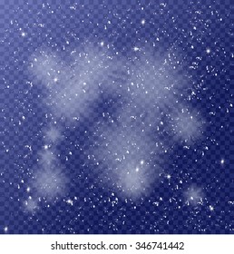 Winter template with falling white snow. Christmas background with snowflakes. Beautiful blue night xmas scene with glow, stars, clouds and sparks. Vector illustration for your design and business.  