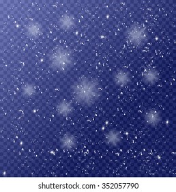 Winter template with falling white snow. Christmas background with snowflakes. Beautiful blue night xmas scene with glow, stars, clouds and sparks. Vector illustration for your design and business.  
