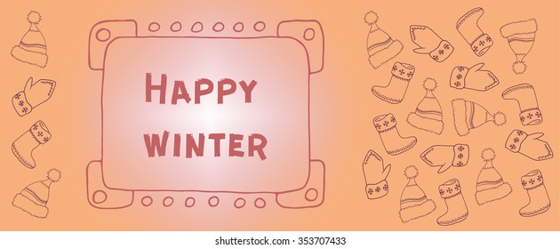 Winter template with mittens, winter hats, felt boots or christmas stockings on orange background. Vector illustration for greetings card design, invitation, banner etc.