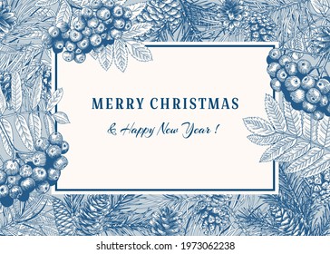 Winter template with mountain ash, pine branches and cones. Blue and white.