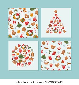 Winter template with New Year's illustrations and prints. Cute christmas banner design in cartoon style. Set of festive 
decoration, christmas tree, gingerbread cookies and more.