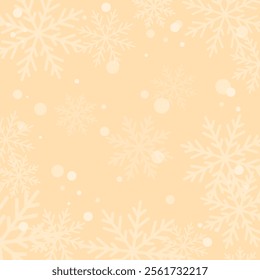 Winter template with snow and snowflakes on a light orange background. Christmas vector illustration. Copy space.