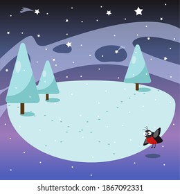 Winter template with snowy trees and bullfinch. Starry sky. Banner for your text. Vector illustration.