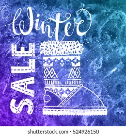 Winter text brush lettering and boots with heart on watercolor background. Seasonal shopping concept design for the banner or label. Isolated vector illustration.