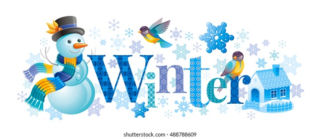 Winter text lettering logo. Snowman vector illustration