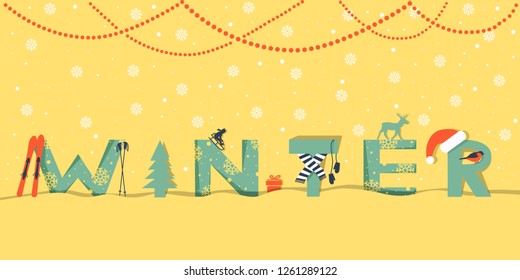 Winter text in paper cut art style with snowflakes and snow. Greeting card or banner background. Color vector illustration