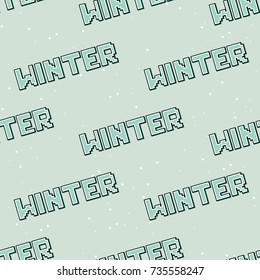 Winter text pixel art lettering. Hello. Hand drawn font for Christmas or New Year holidays. Snowflakes and text pattern greeting card, placard or poster design element. Pixel art style. 8 bit