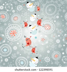 winter texture with snowflakes and snowmen