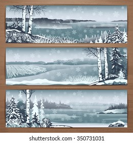 Winter thematic vector banners design with great wild snowy landscapes and falling snowflakes. Brochure,flyer,booklet,card template for product promotion and advertising isolated on wood background