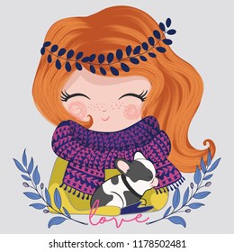 Winter theme cute girl with dog illustration for fashion artworks, children books, t-shirt prints, greeting cards.