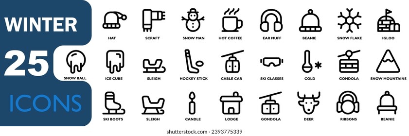 winter theme icon set. contains snow,snowflake,warm hat,candle,ski boots,snowman,gondola,deer.outline icons style, for web,ui and apk