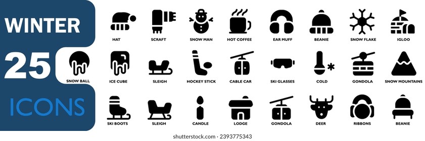 winter theme icon set. contains snow,snowflake,warm hat,candle,ski boots,snowman,gondola,deer.solid black color style, for web,ui and apk