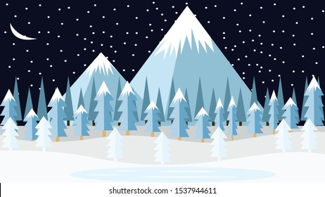Winter Theme. With mountain, forest, lake in the night.