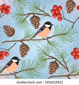 Winter theme seamless pattern with birds, pine cones and rowan berries.