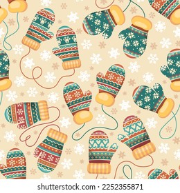 Winter theme seamless pattern with colorful mittens and snowflakes. Vector illustration.