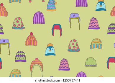 winter theme seamless pattern design with winter hat shape element