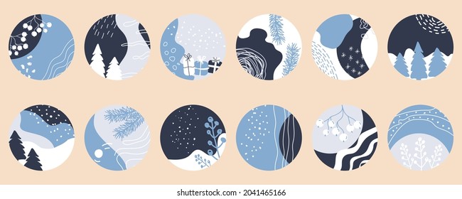 Winter theme. Set of 12 abstract vector rounds for social media stories for bloggers. Bundle of templates for Story Highlights Covers Icons. Snow, spruce branches, berries, spots, curve 