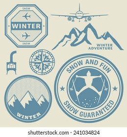 Winter theme stamps or labels set, vector illustration