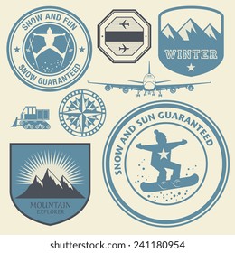 Winter theme stamps or labels set, vector illustration